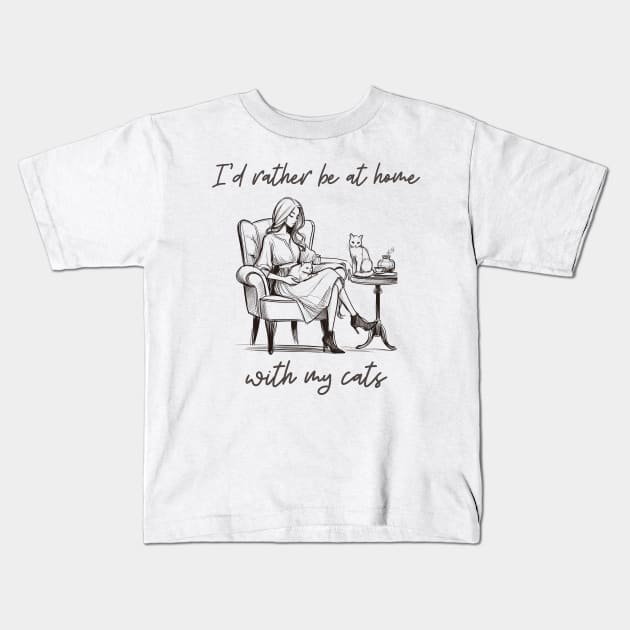 Cozy Cat Lover's Retreat - "I'd Rather Be at Home with My Cats" Artwork Kids T-Shirt by Curious Sausage